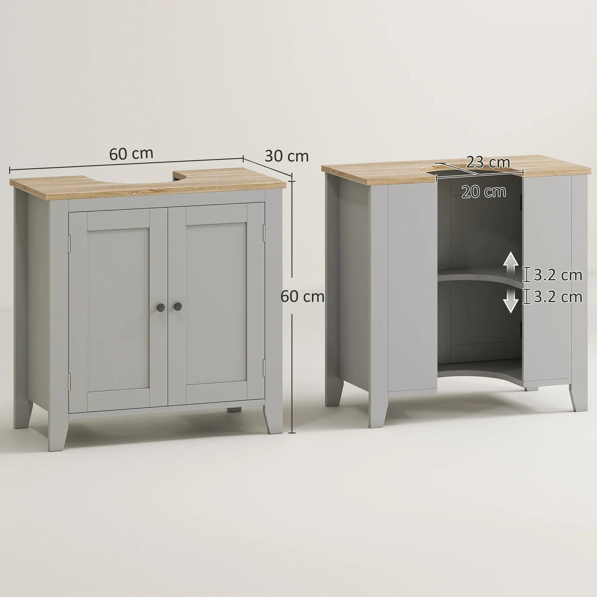 Grey under-sink cabinet with two doors, pedestal legs, and open interior storage space