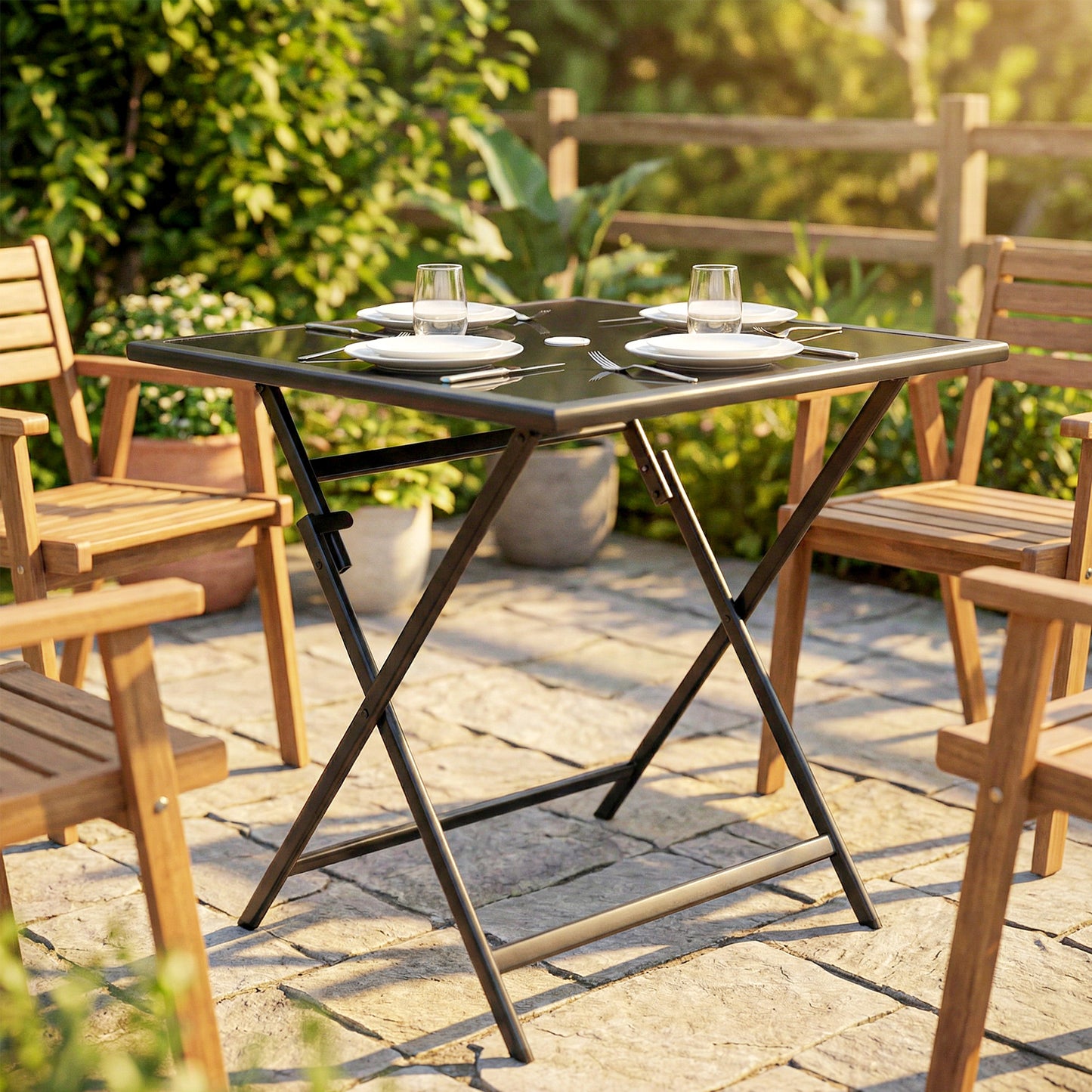 Outsunny Folding Outdoor Dining Table Square Garden Table With Tempered Glass Top Parasol Hole 70x70x70 cm