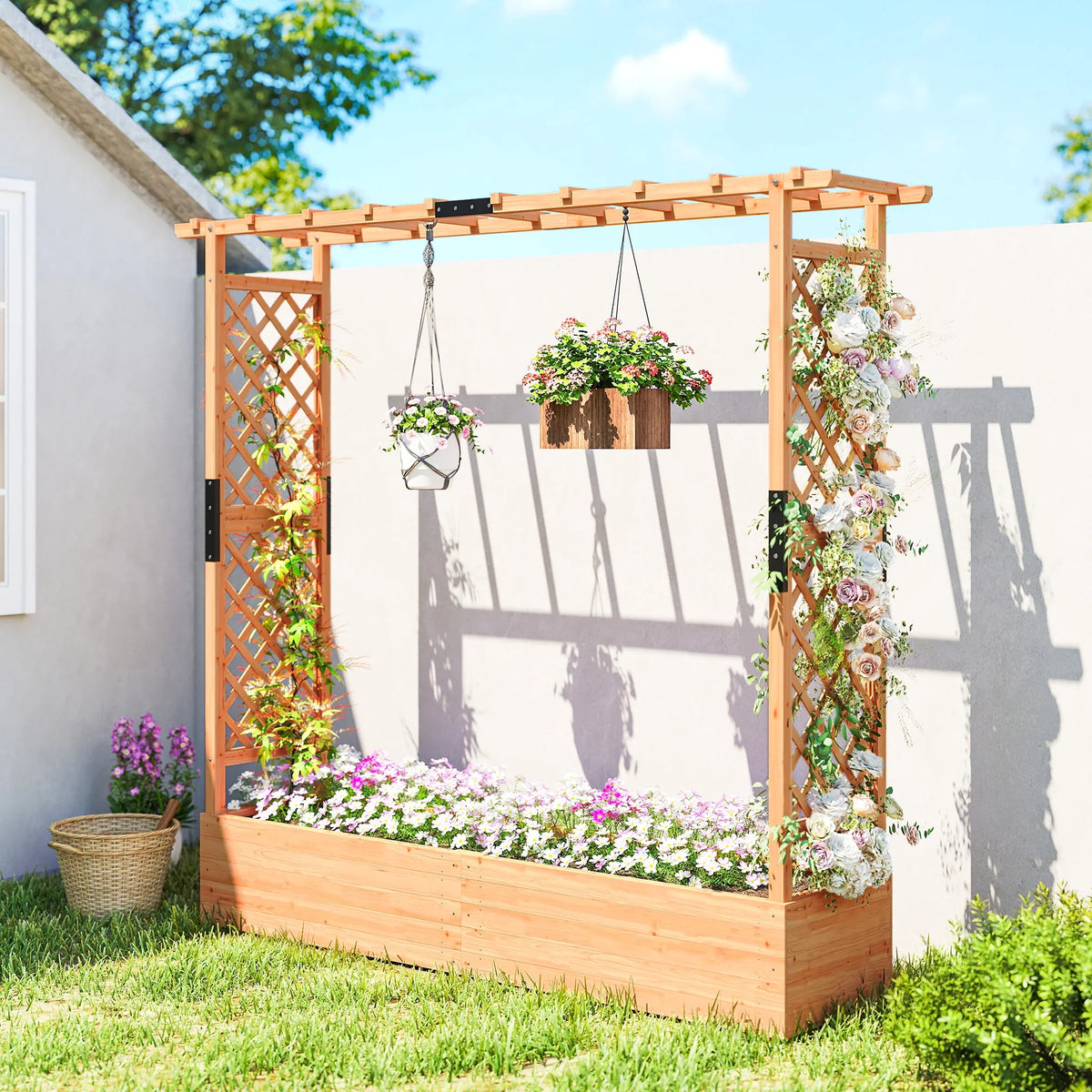 Fir wood planter bed with dual side trellises and hanging roof for climbing plants