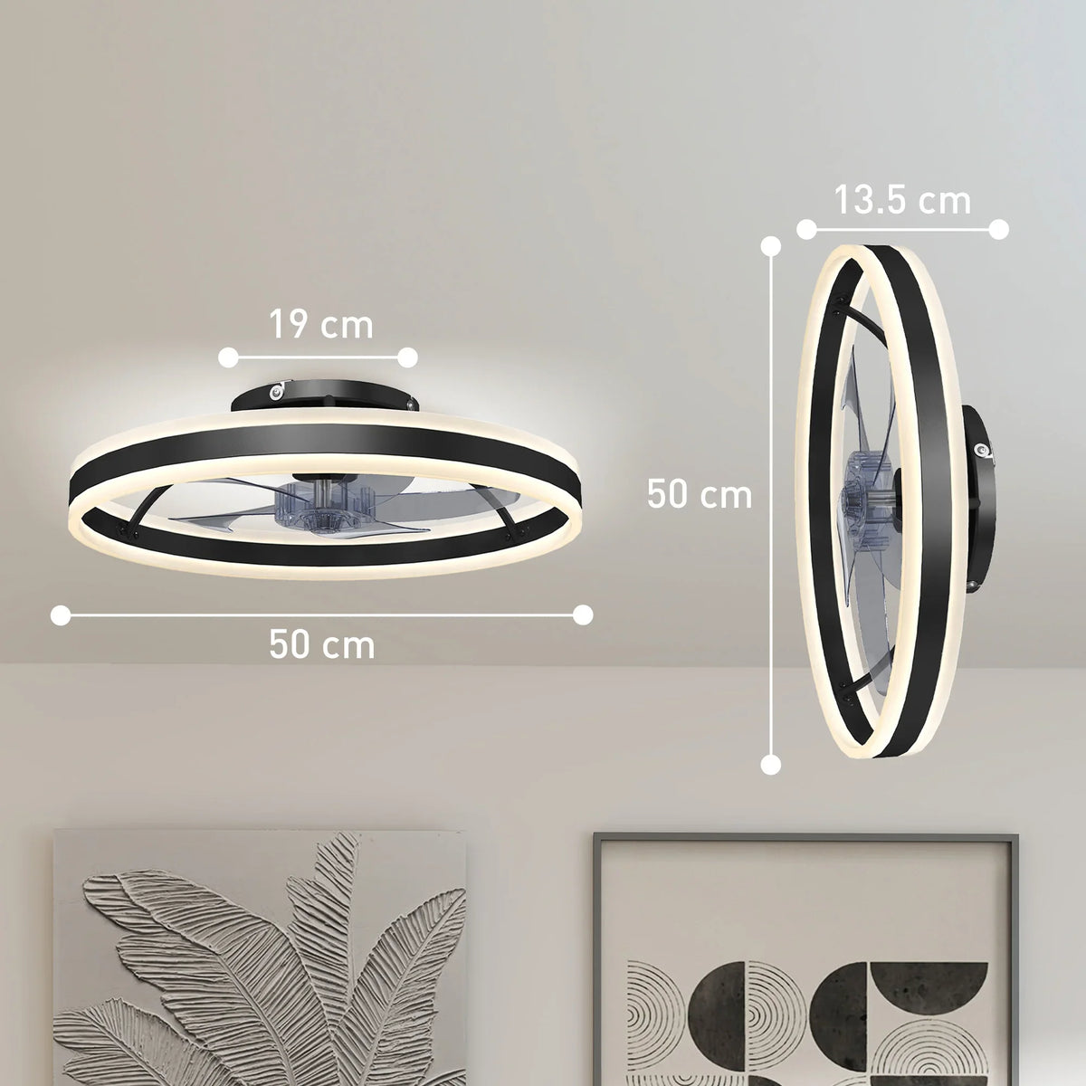 Black LED ceiling fan with light, showing 50 cm size and side profile