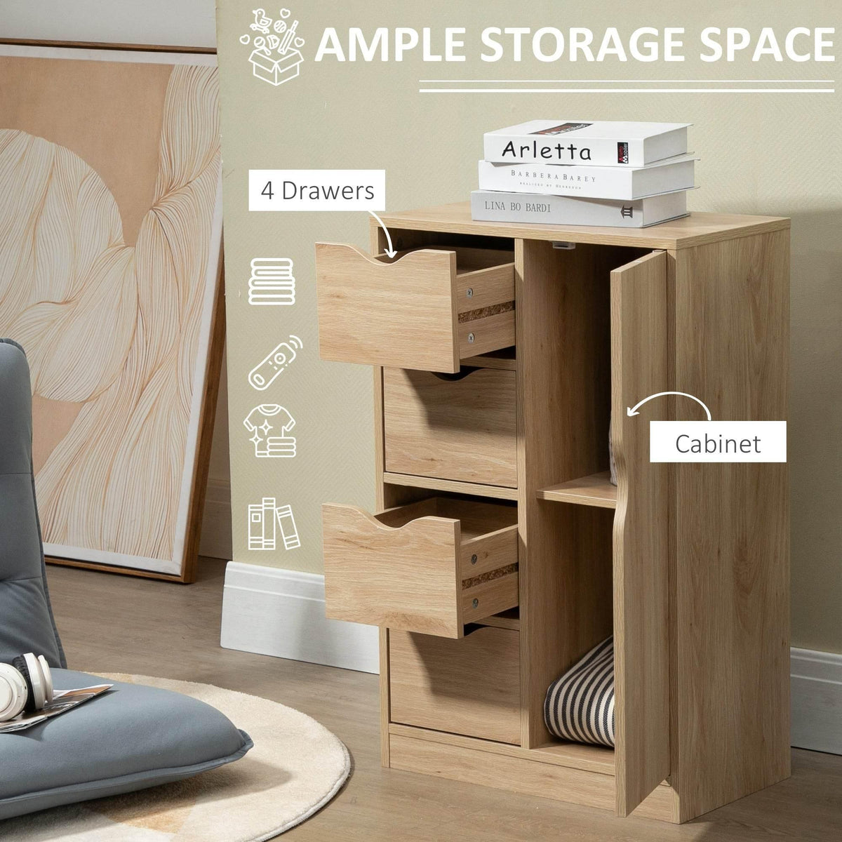 Natural wood bathroom storage cabinet with four drawers and side door cupboard