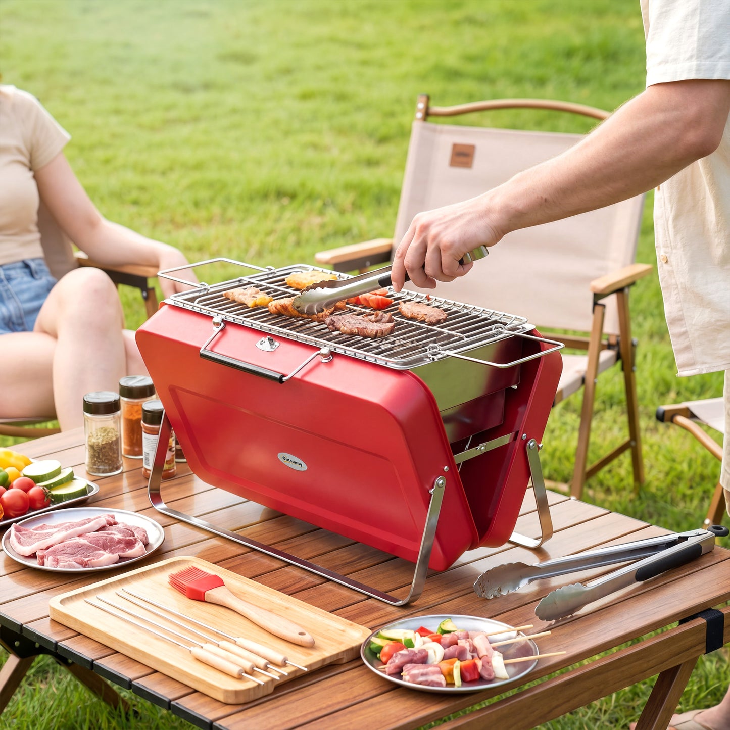 Outsunny Portable Mini Charcoal Grill With Suitcase Shell Folding Tabletop Outdoor BBQ Red