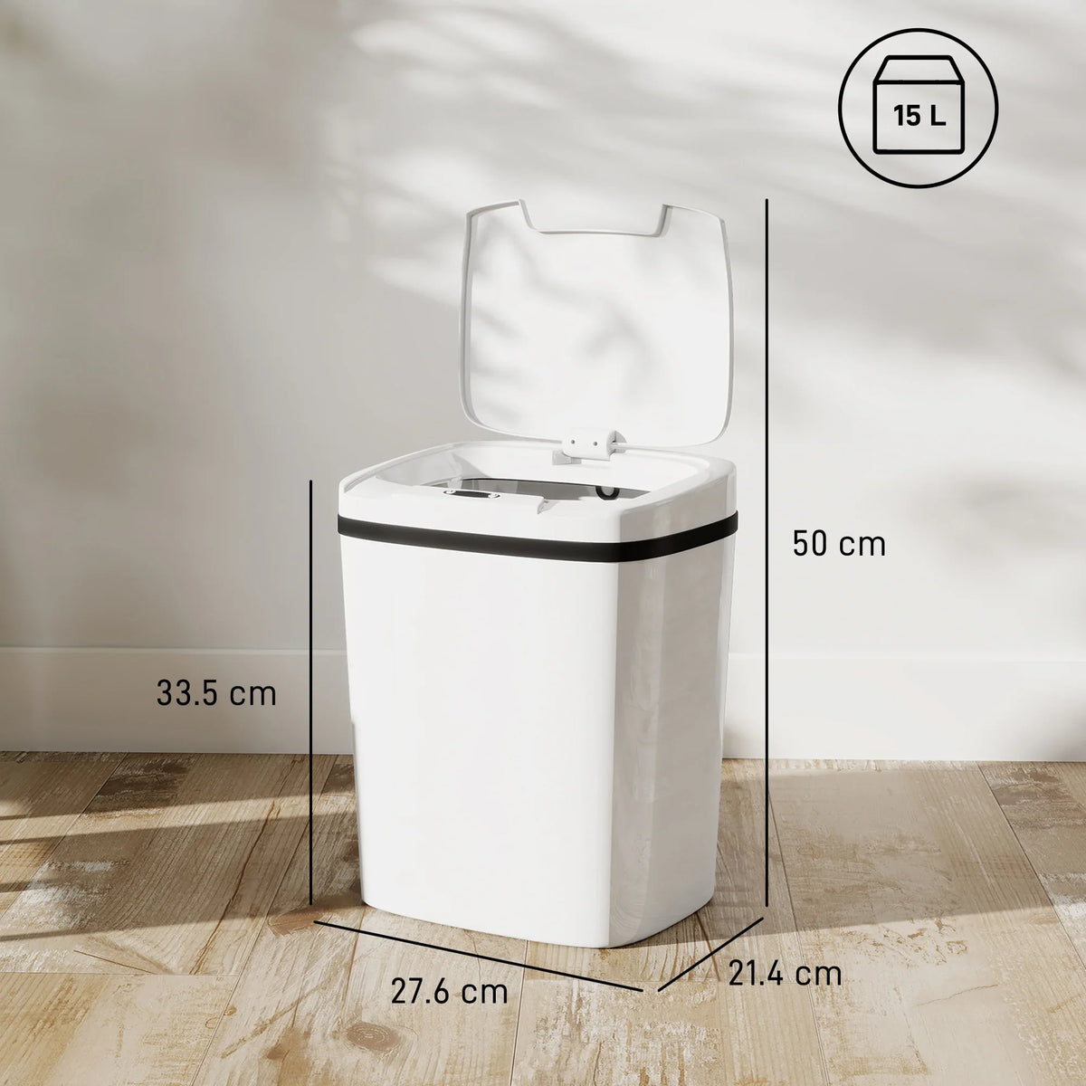 White touchless sensor kitchen bin with dimensions shown, open lid, black top rim