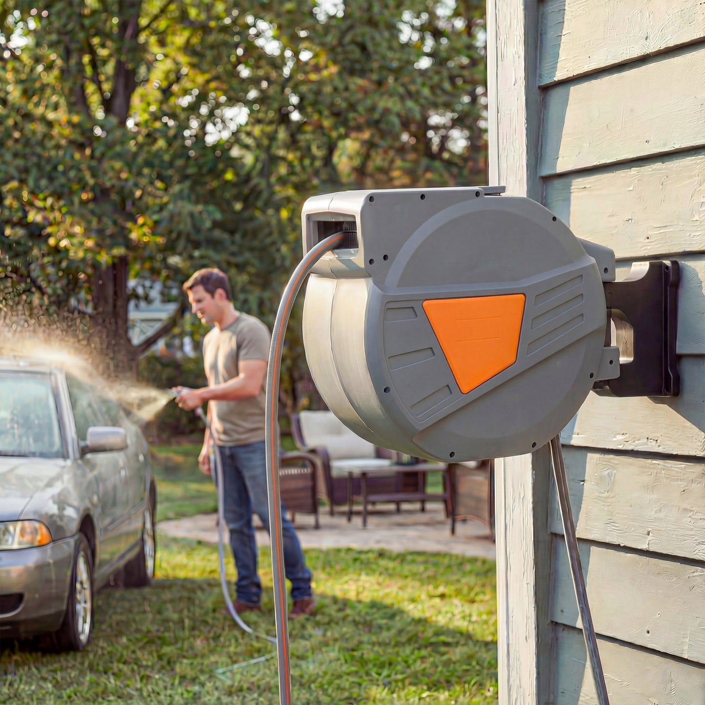 Outsunny Retractable Hose Reel Wall Mounted 40 Plus 2m Garden Hose Pipe Reel With Auto Retraction Self Locking Orange