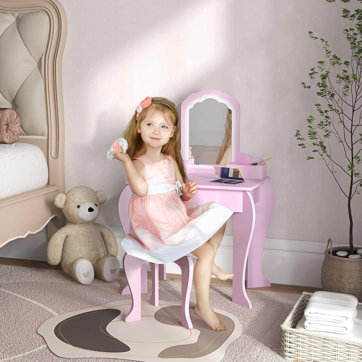 Pink kids vanity table set with cloud mirror and matching stool, drawer and storage boxes