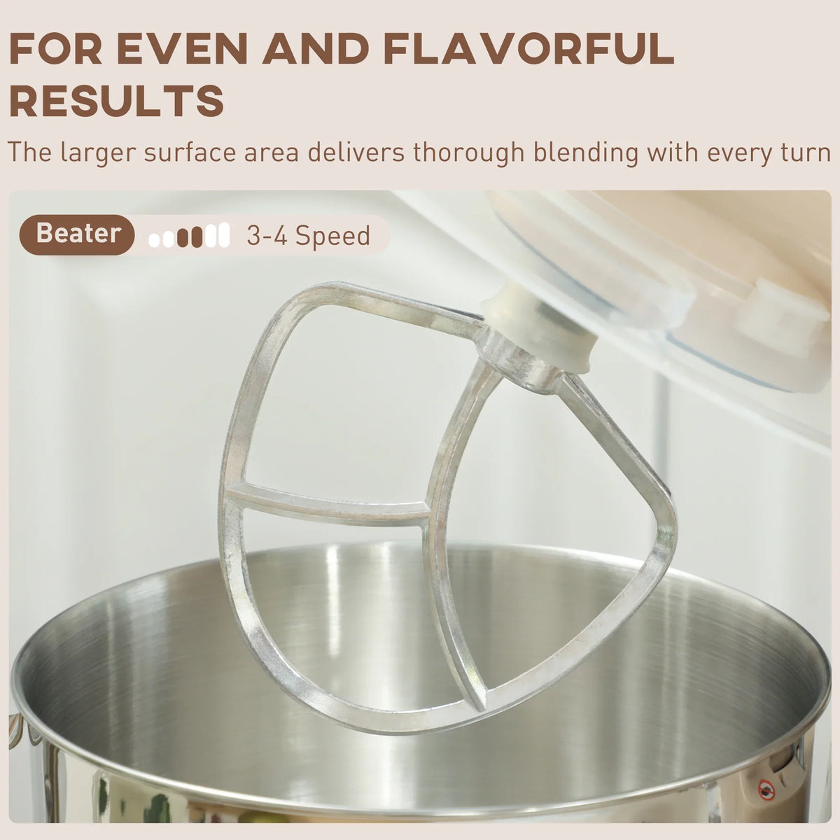 Stand mixer bowl with metal beater attachment and beat mixer head