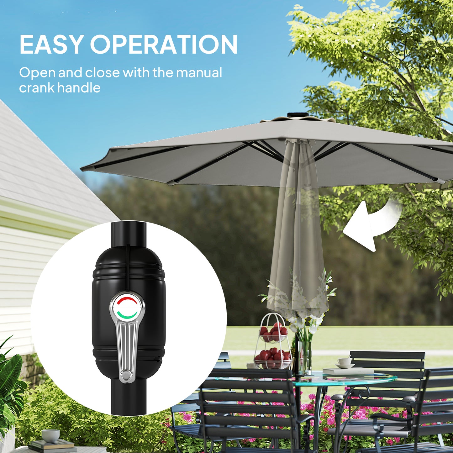 Outsunny 2.6 m Garden Parasol Umbrella With LED Solar Light And Cover For Patio Outdoor Market Umbrella Light Grey