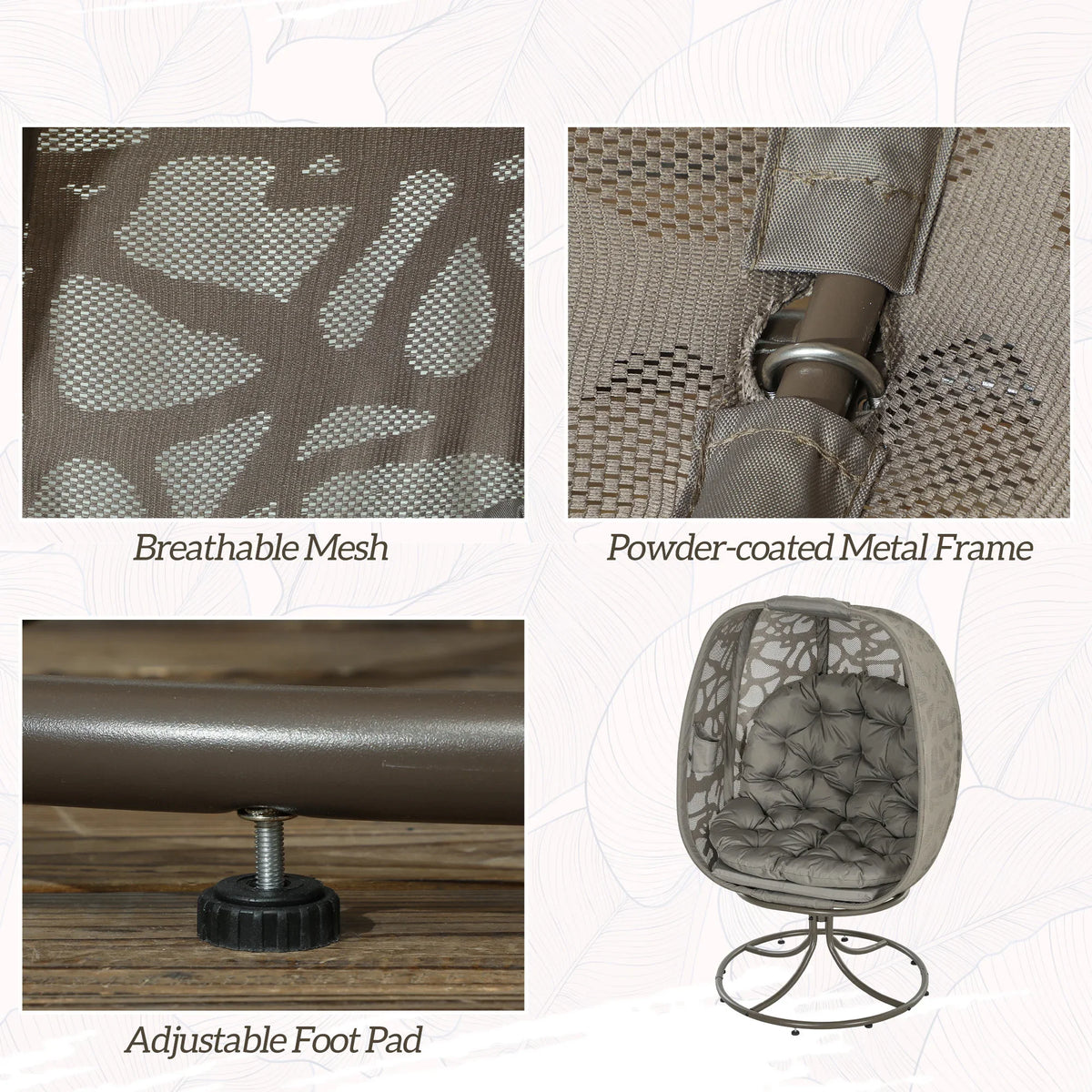 Swivel egg chair with breathable mesh seat, powder-coated metal frame, adjustable foot pad