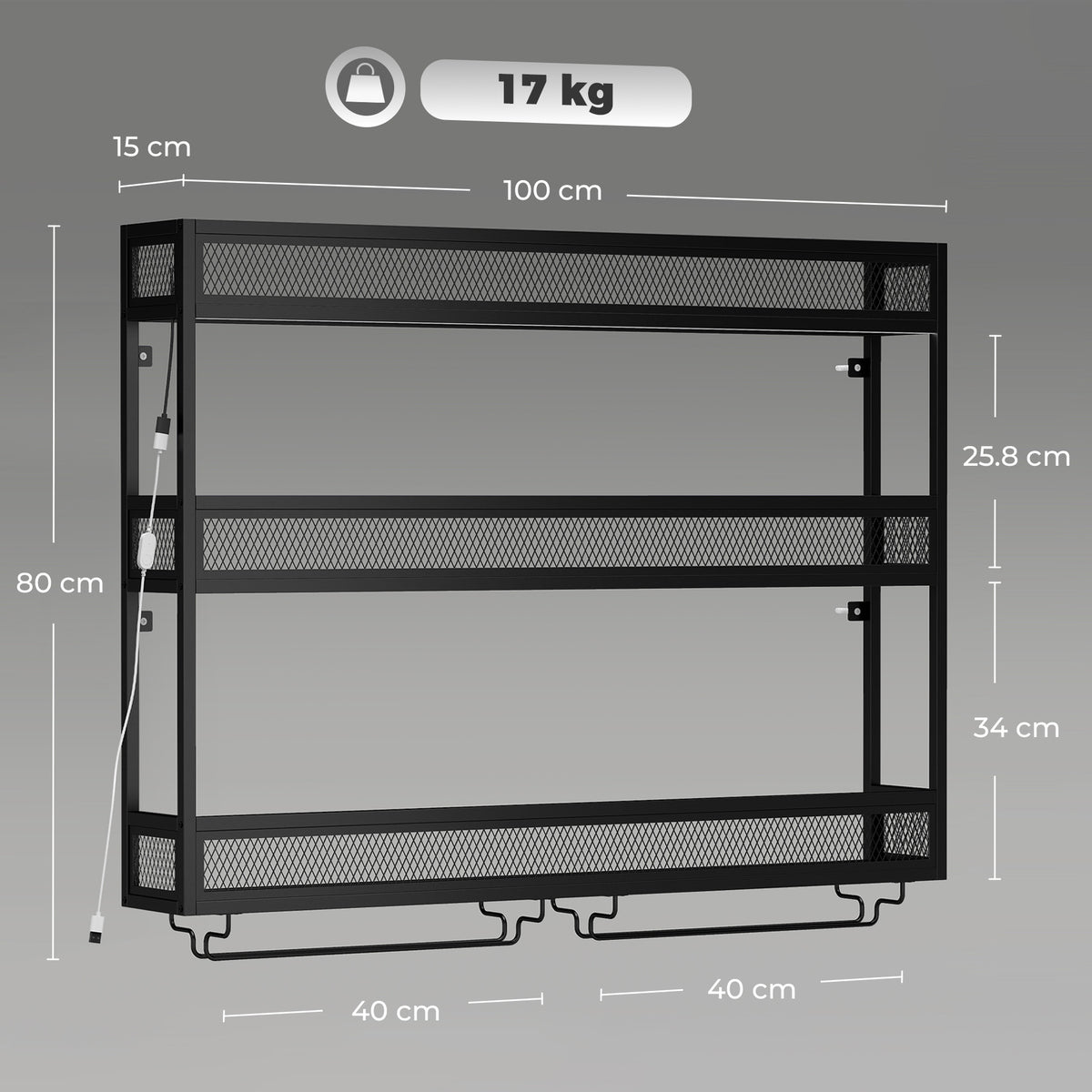 Wall-mounted wine rack with open mesh shelves and glass holders (dimensions shown)