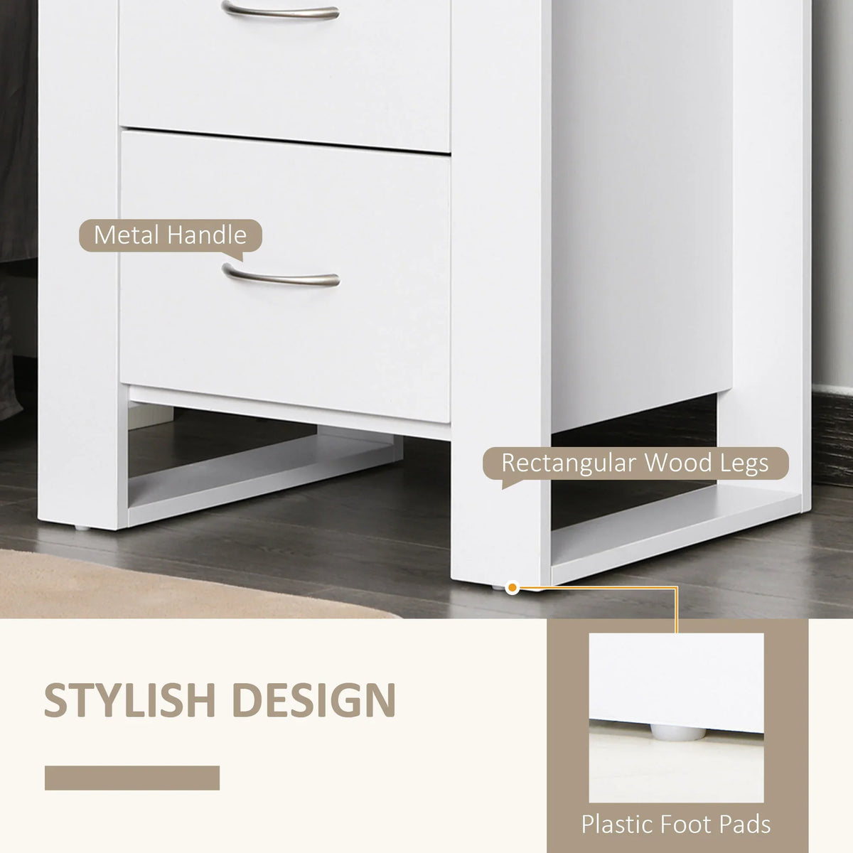 White bedside table with metal drawer handles, rectangular wood legs, and plastic foot pads
