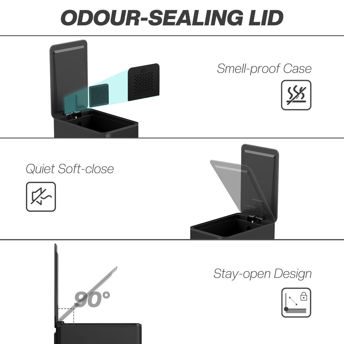 Black pedal bin with odor-sealing soft-close lid and stay-open design shown.