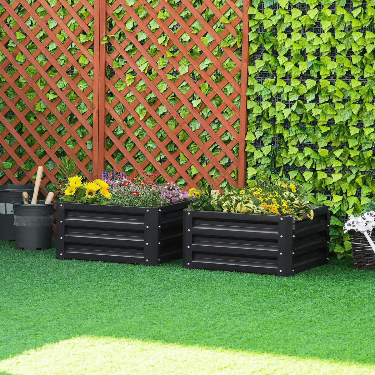 Set of 2 raised garden beds with black-grey slatted sides, open-top planters on grass