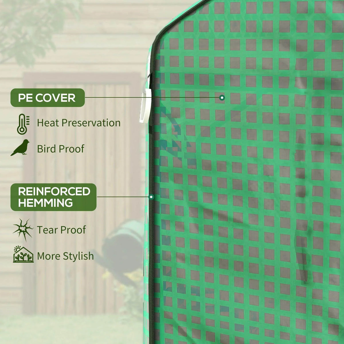 Green PE greenhouse cover close-up with reinforced hem stitching and mesh texture