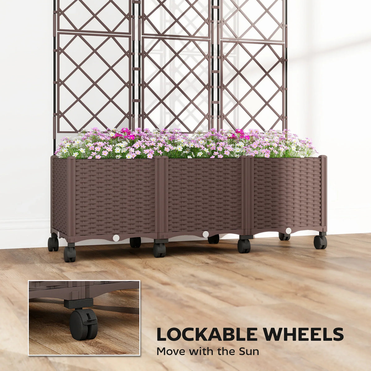 Wheeled raised planter with lattice trellis and flowering plants on wheels
