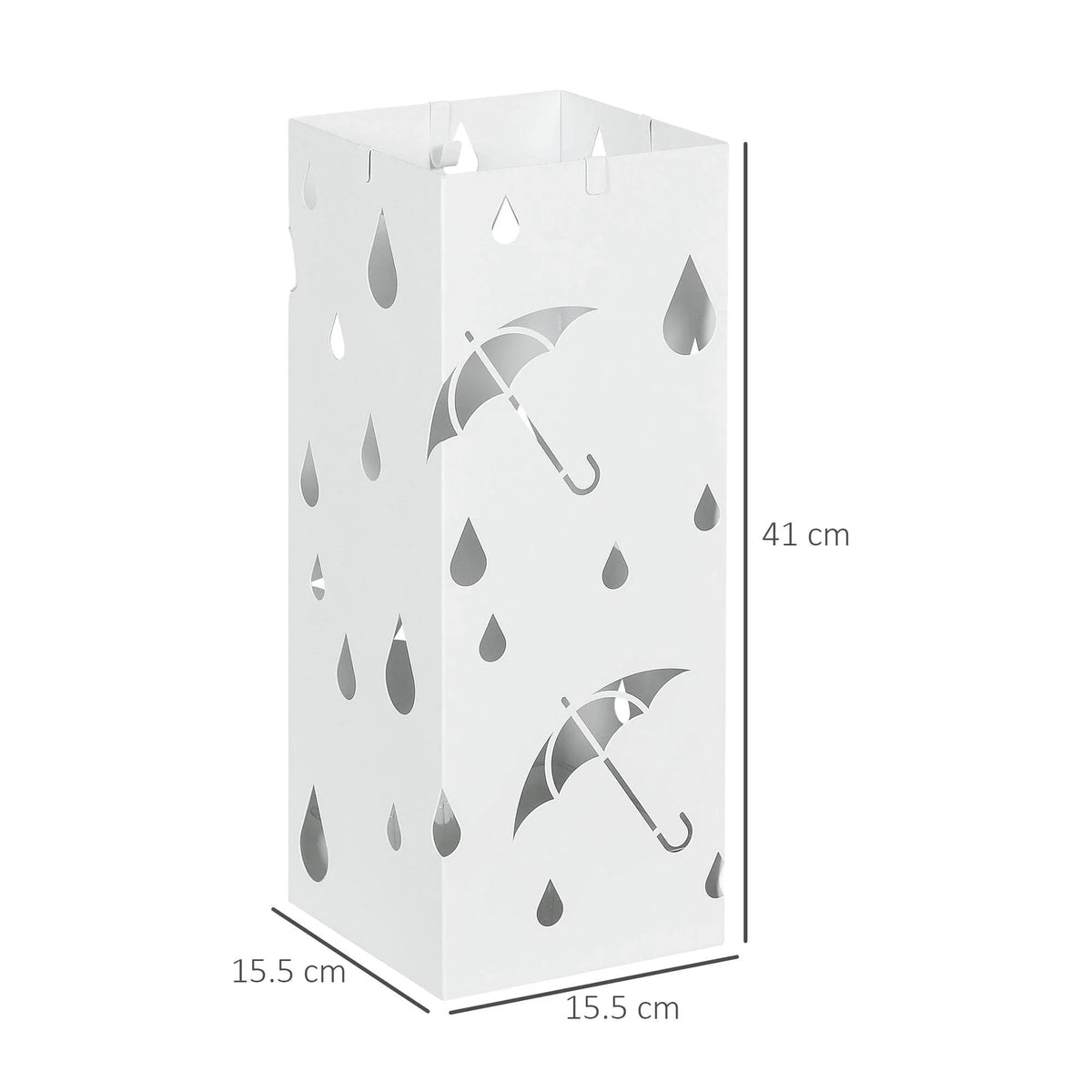 White umbrella holder stand with raindrop and umbrella cutout pattern, corner view