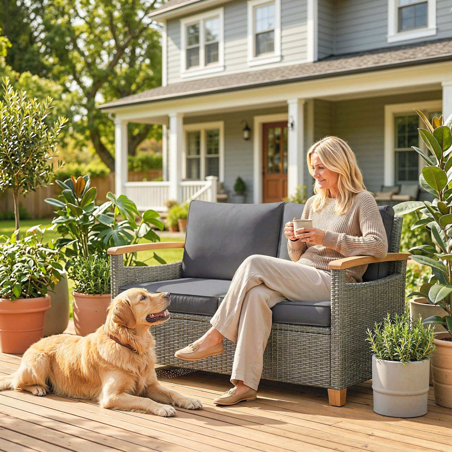 Outsunny Two Seater Rattan Garden Sofa Outdoor Sofa With Thick Cushions And Acacia Wood Armrests Dark Grey
