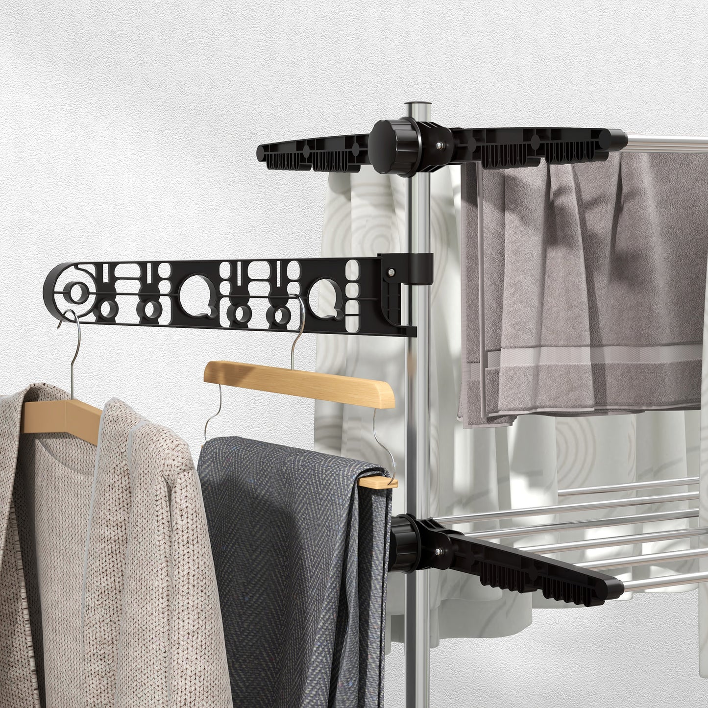 HOMCOM Four Shelf Collapsing Clothes Horse With Side Arms And Wheels Black Compact Foldable Drying Rack