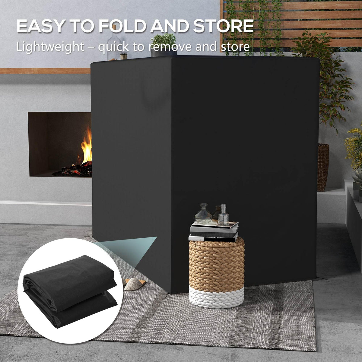 Dark grey 3-seater swing chair cover shown folded for storage on outdoor patio