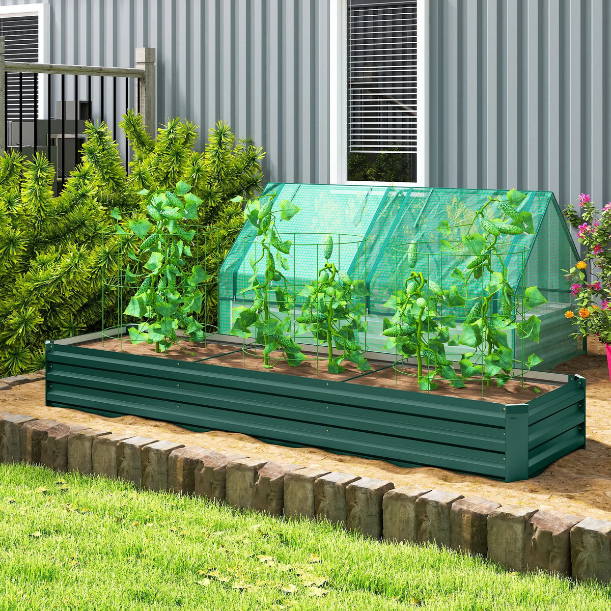 Dark green raised garden bed planter with clear green cover and open rows for plants