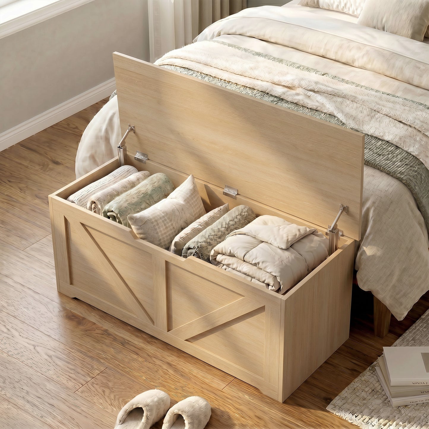 HOMCOM 127L Storage Box With Safety Hinges And Flat Lid Nature Wood Finish Ideal For Blanket Storage And Seating