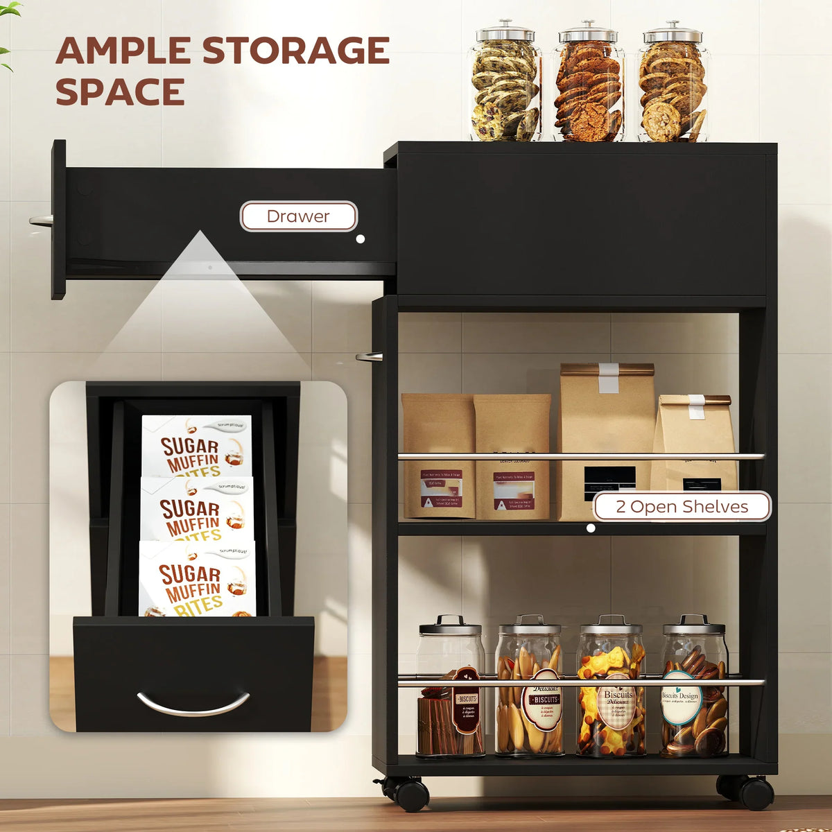 Black rolling storage cart with top drawer and two open shelves, 4 caster wheels