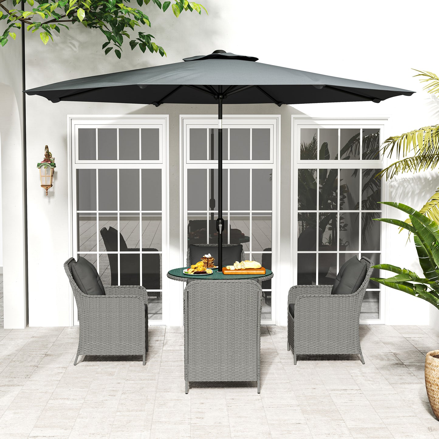 Outsunny 4 Seater Rattan Outdoor Dining Set With Round Table Parasol And Cushions Light Grey