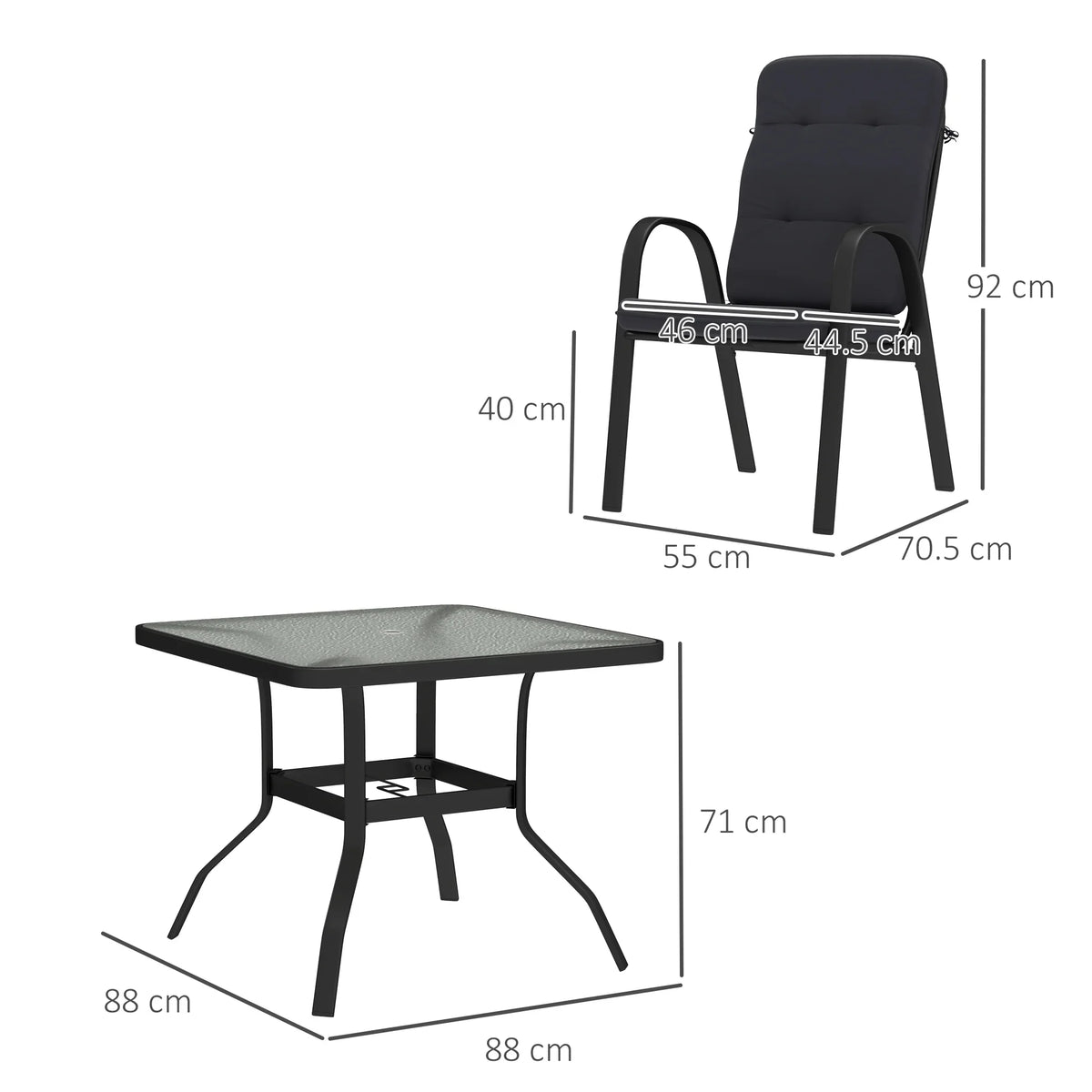 Black outdoor armchair and dining table with size dimensions shown