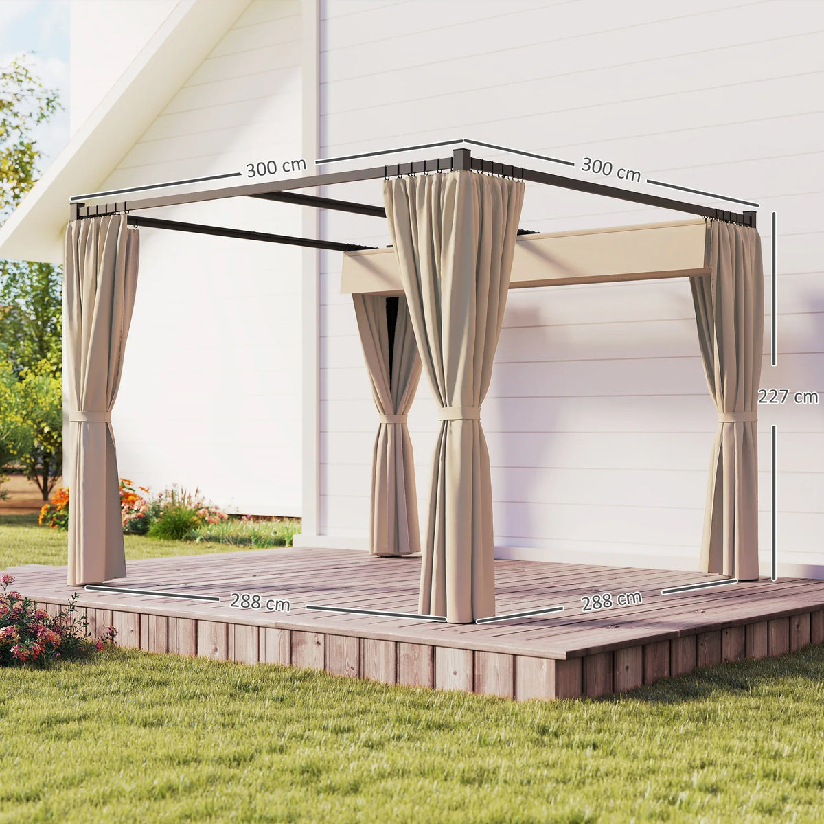 Khaki curtain retractable roof pergola with black frame on wooden deck, side view