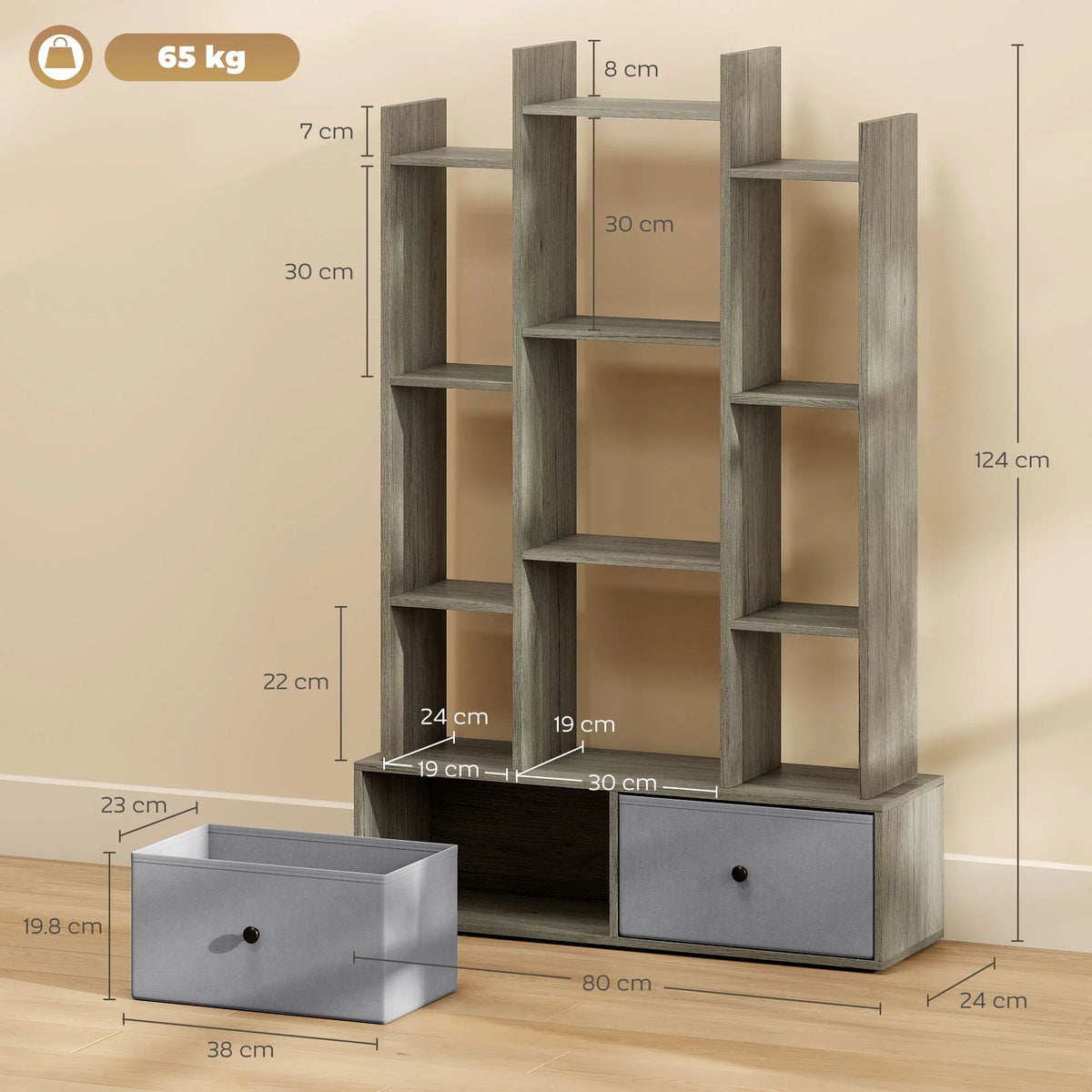 Graphite storage unit layout with shelves, two drawers, and anti-tip base dimensions