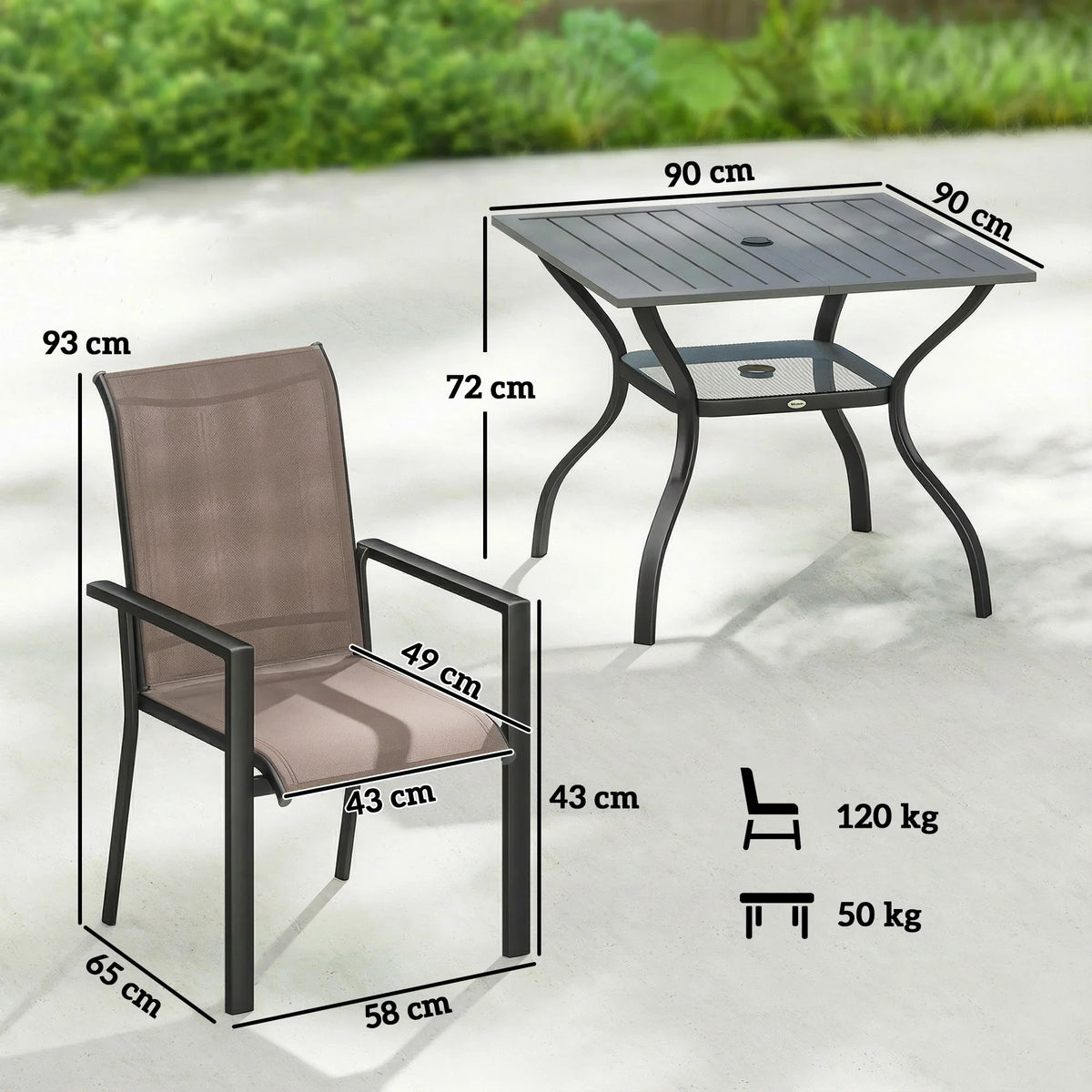 Outdoor dining chair and dining table with dimensions, grey frame and brown mesh