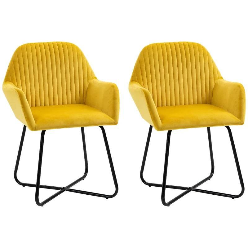 Pair of yellow upholstered accent chairs with ribbed texture and black metal sled bases