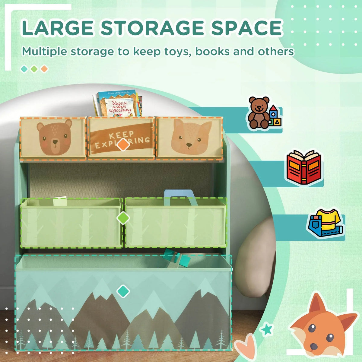 Kids green storage unit with open shelves and 6 bins for toys and books