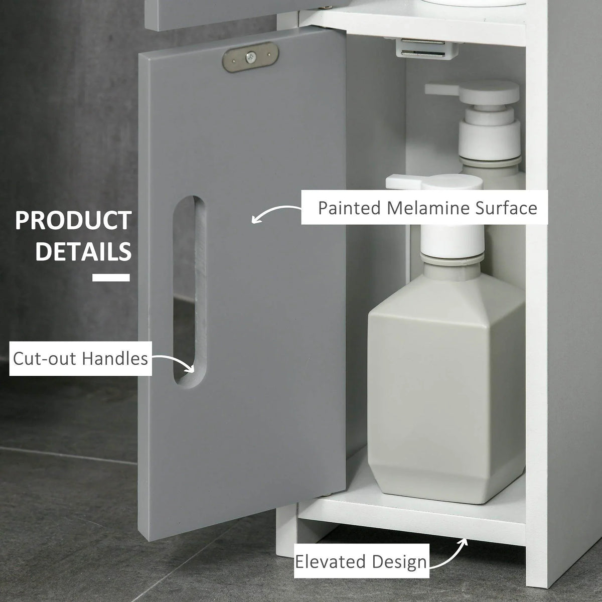 Grey bathroom cabinet door with cut-out handle, open shelves and molded storage space inside