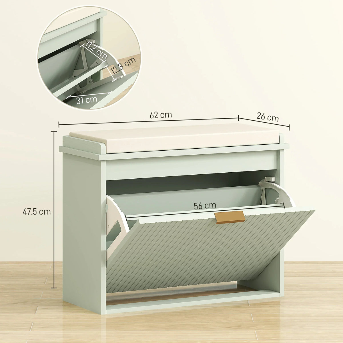 Green shoe bench with flip-top drawer, open compartment and side dimensions view