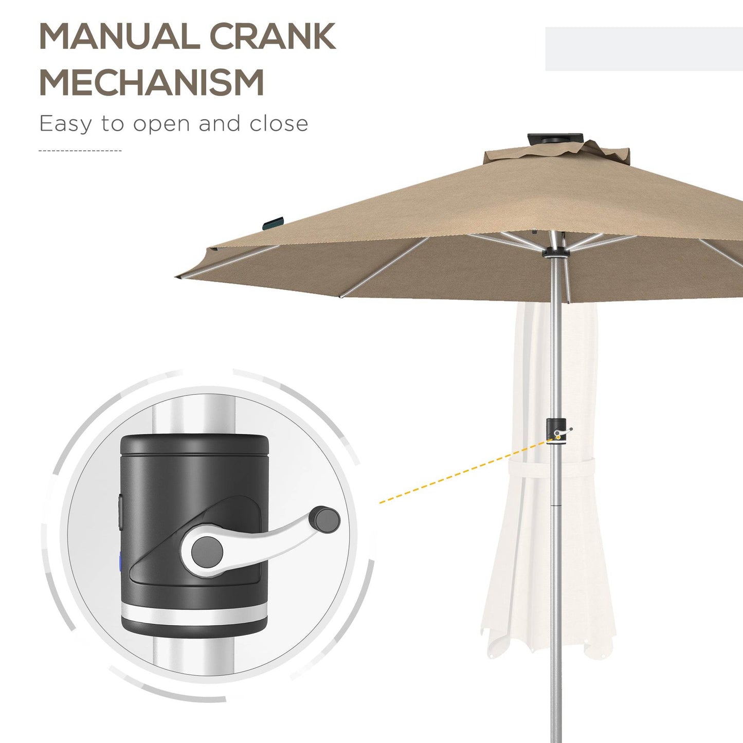 Khaki solar LED patio umbrella showing manual crank opening mechanism