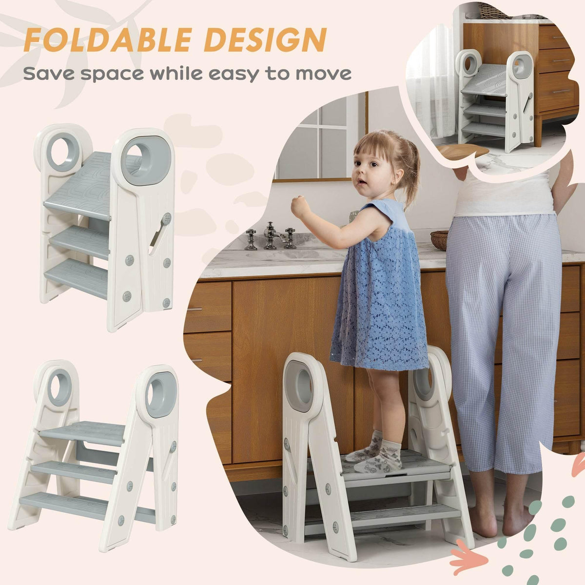 Foldable toddler step stool with light gray steps, shown in use beside a cabinet.