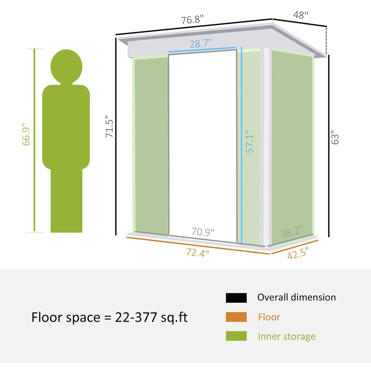 Green metal shed dimension diagram with double sliding door opening and side vents