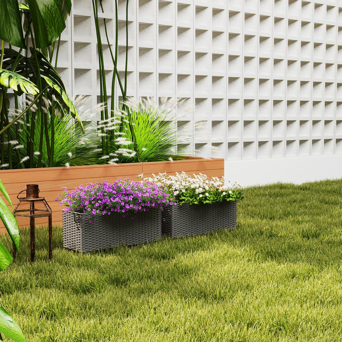 Outsunny Set Of Two Rattan Effect Planters With Hooks For Balconies Railings Grey