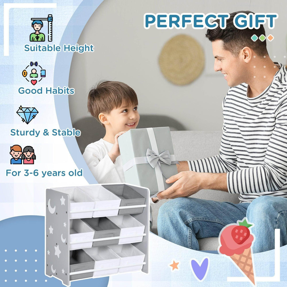 Gray toddler storage unit with removable 9-basket organizers for toys and books
