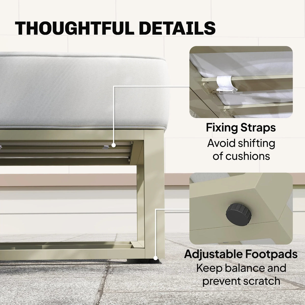Outdoor sectional sofa frame with fixing straps and adjustable footpads