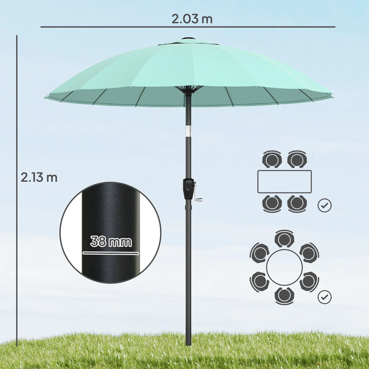 Turquoise cantilever garden parasol umbrella with crank tilt, showing pole and canopy