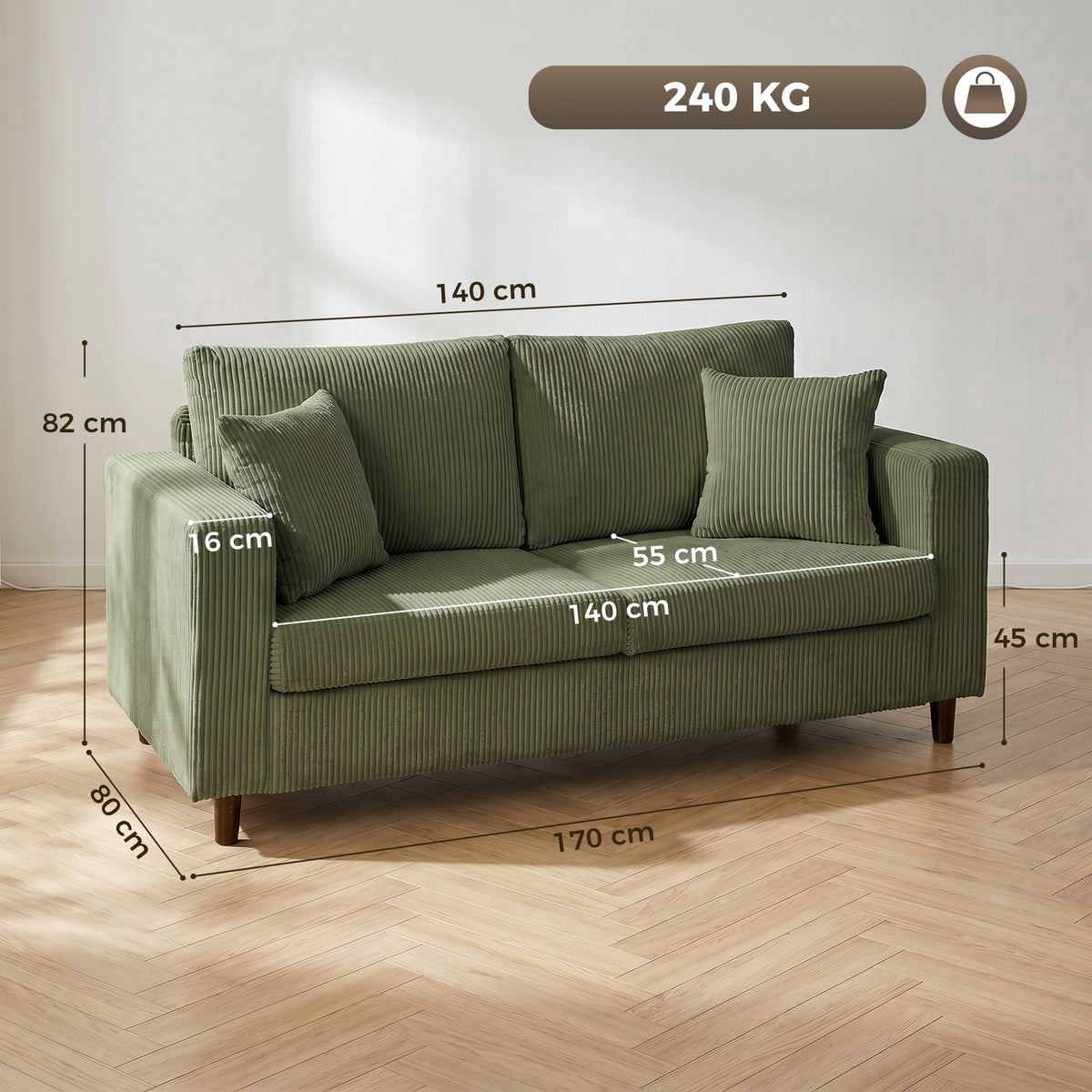 Green corduroy loveseat sofa, deep seat with wide arms and two seat cushions
