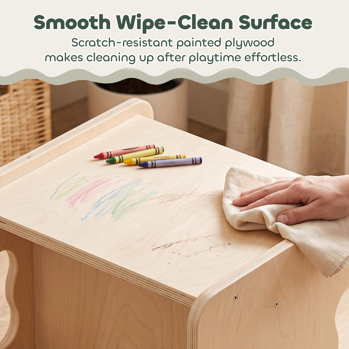 Light wood toddler table with smooth wipe-clean painted surface and rounded corners