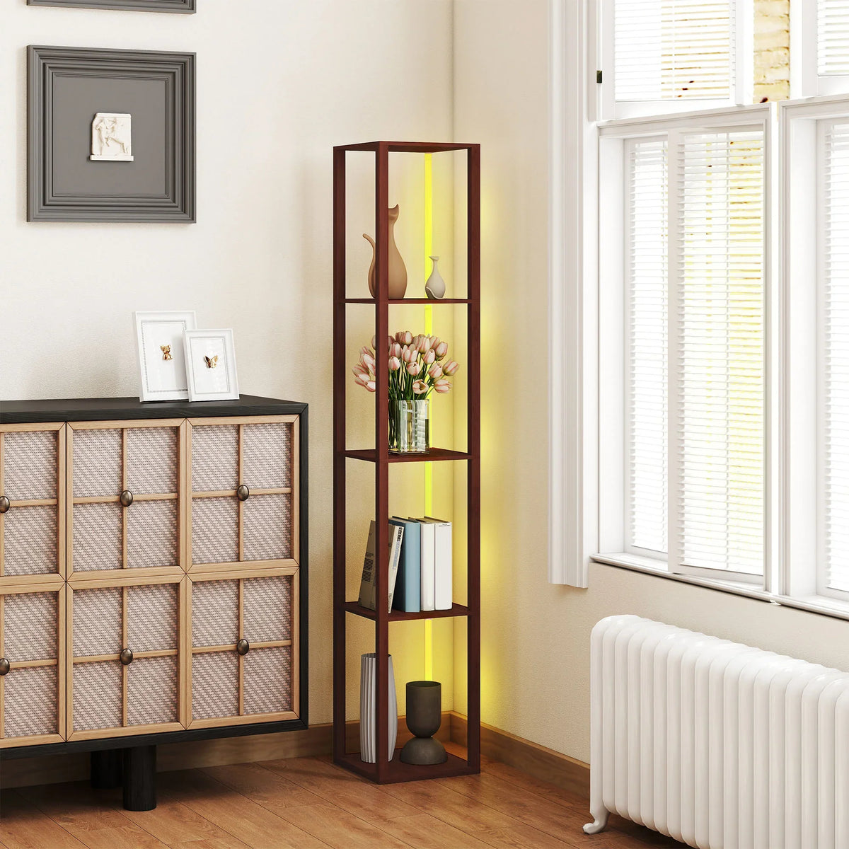 Brown RGB LED floor lamp with tall open shelving and multicolor glow in yellow and green