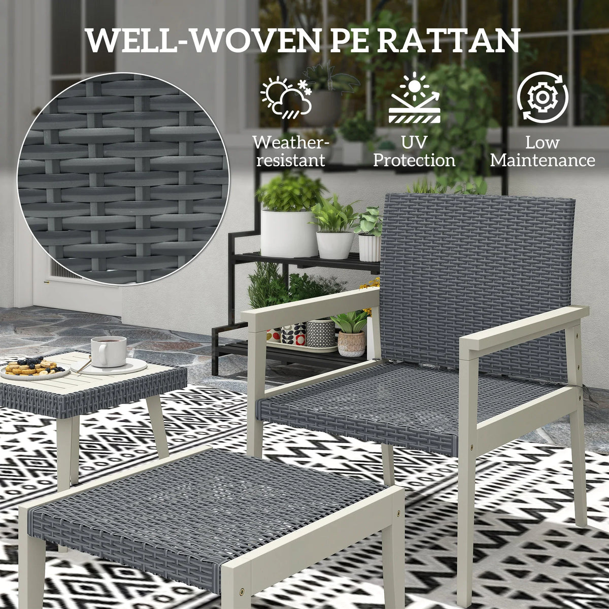 Grey woven rattan outdoor armchair with tufted seat cushion and white frame