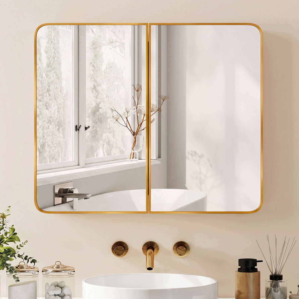Gold-framed double-door bathroom mirror cabinet with mirrored interior doors