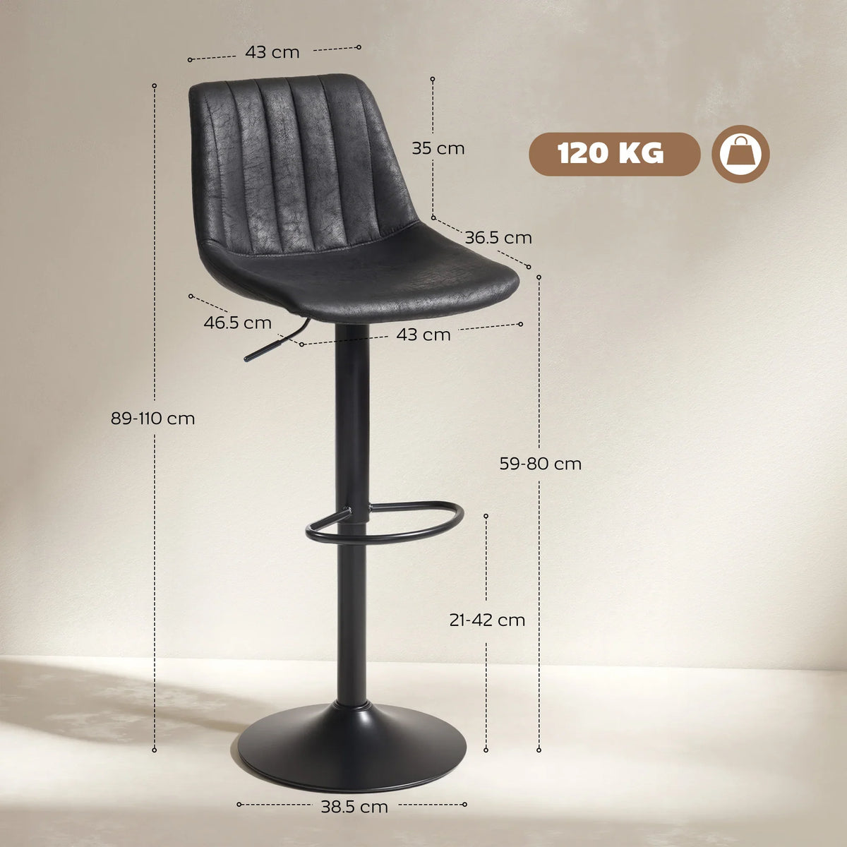 Black adjustable bar stool with tufted seat and back, circular footrest and round base