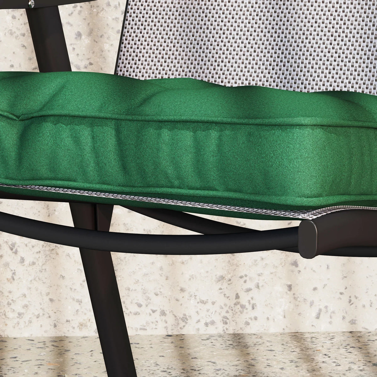 Green outdoor seat cushion side view with piped trim and stitched channel seams