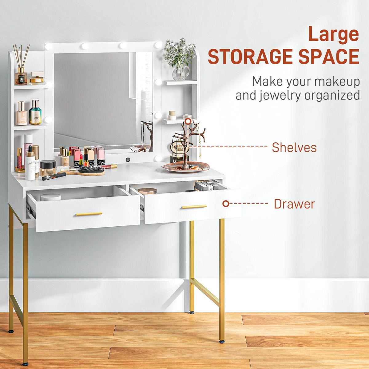 White vanity table set with lighted mirror, shelves, and drawers; open storage space