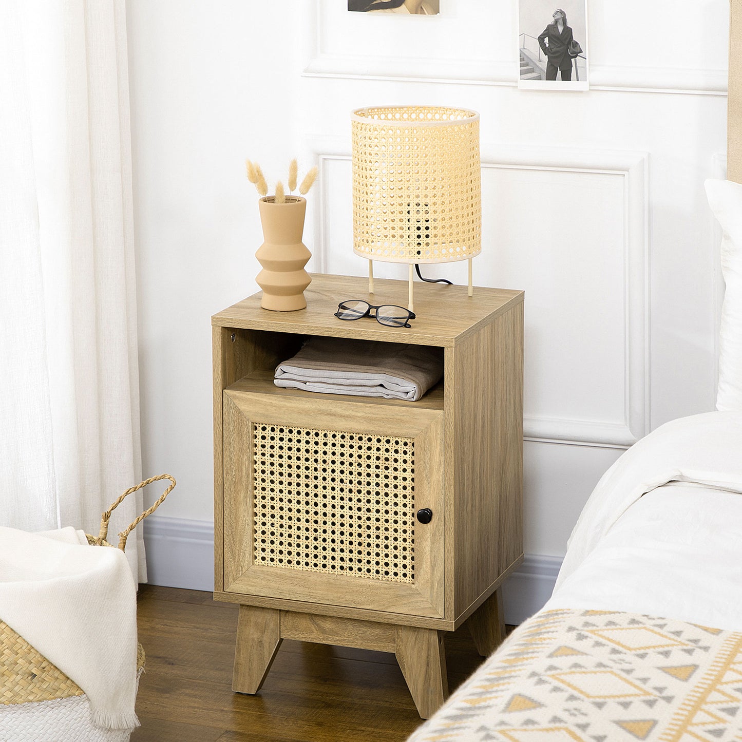 HOMCOM Chest Of Drawers With Four Rattan Drawers And Bedside Table With Door Natural Finish
